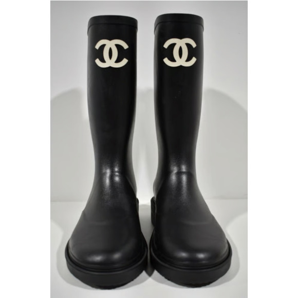 Chanel 22K Black White Caoutchouc CC Logo High Pull On Rubber Rain Boots 42 - Picture 11 of 12